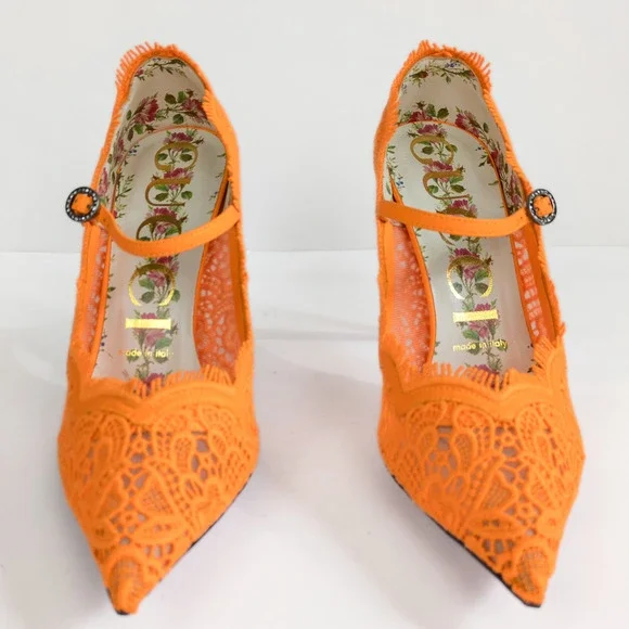 GUCCI Orange Virginia 95 mm Lace Pumps Mary Jane Pointed Toe Women's EU 37 US 7 - Picture 7 of 11